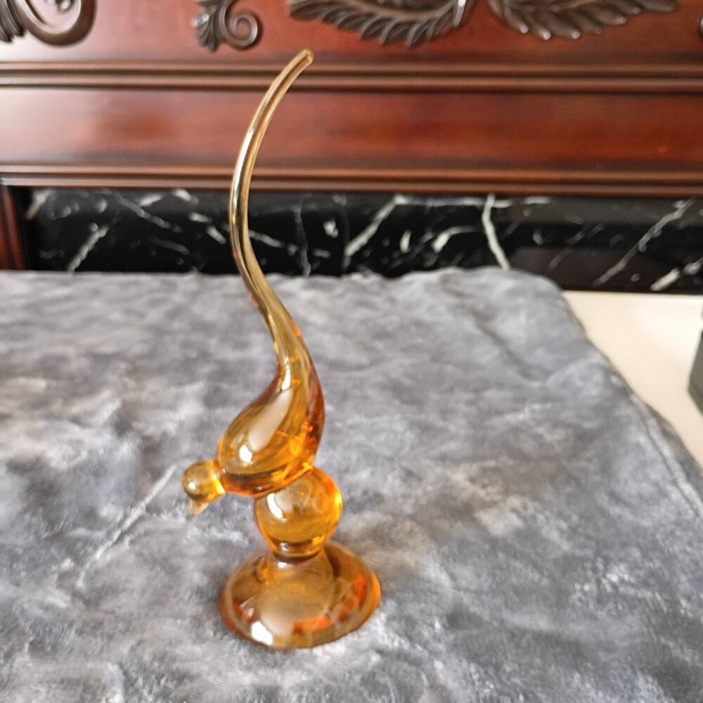 Viking Long Tail Bird Glass Figurine Amberina Persimmon Orange 9 1/2”